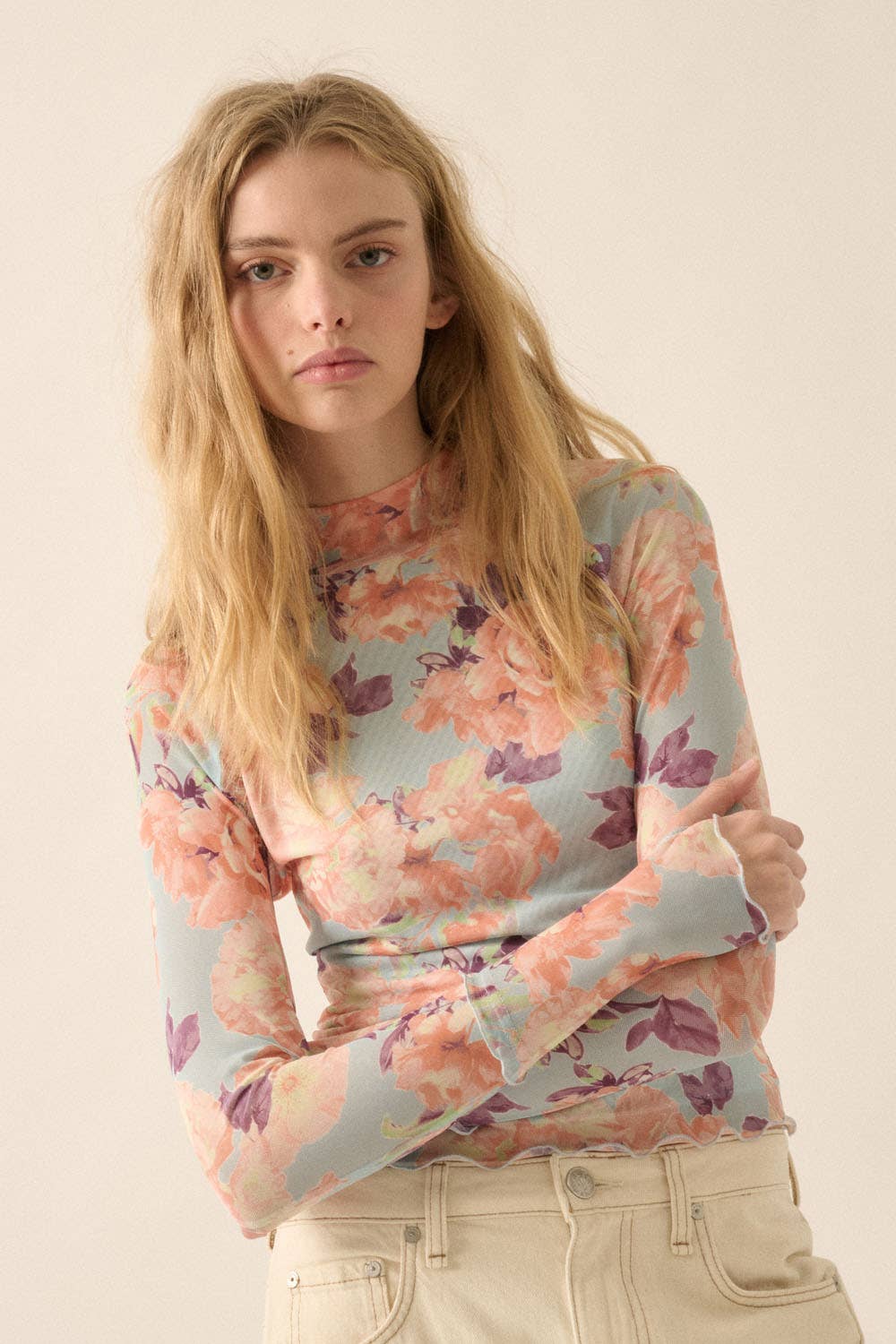 Promesa USA - Wholesale Blouse - Women's - Floral Mesh Mock-Neck Thumbhole Top9