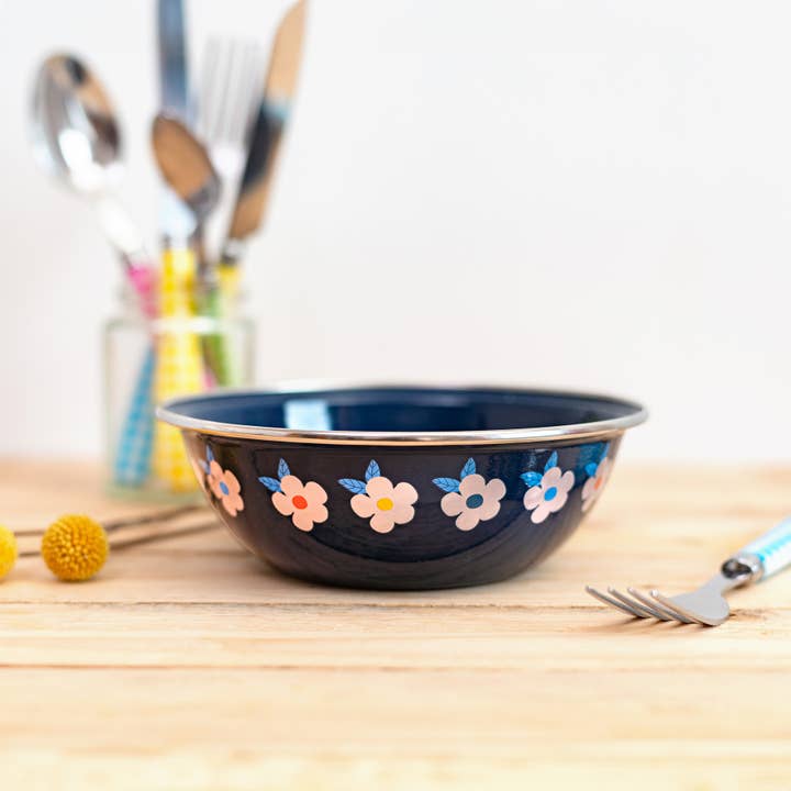 Timeless Enamel Bowls Retro Floral Navy Blue Quality Cute for wholesale by Enamelhappy