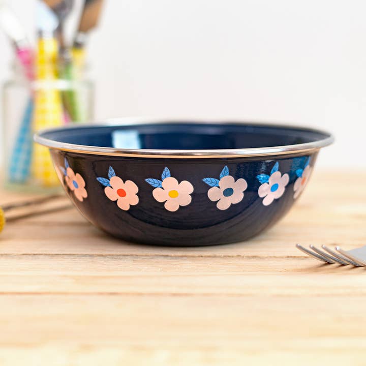 Timeless Enamel Bowls Retro Floral Navy Blue Quality Cute for wholesale by Enamelhappy
