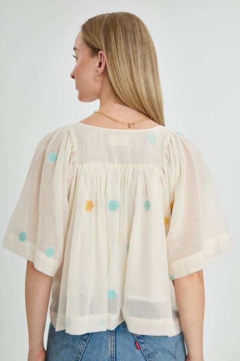 Thuli - Wholesale Blouse - Women's - White Cotton Flared sleeve Top – Multicolor Floral details-Peony1