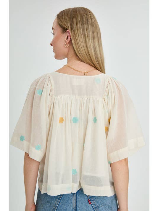 Thuli - Wholesale Blouse - Women's - White Cotton Flared sleeve Top – Multicolor Floral details-Peony1