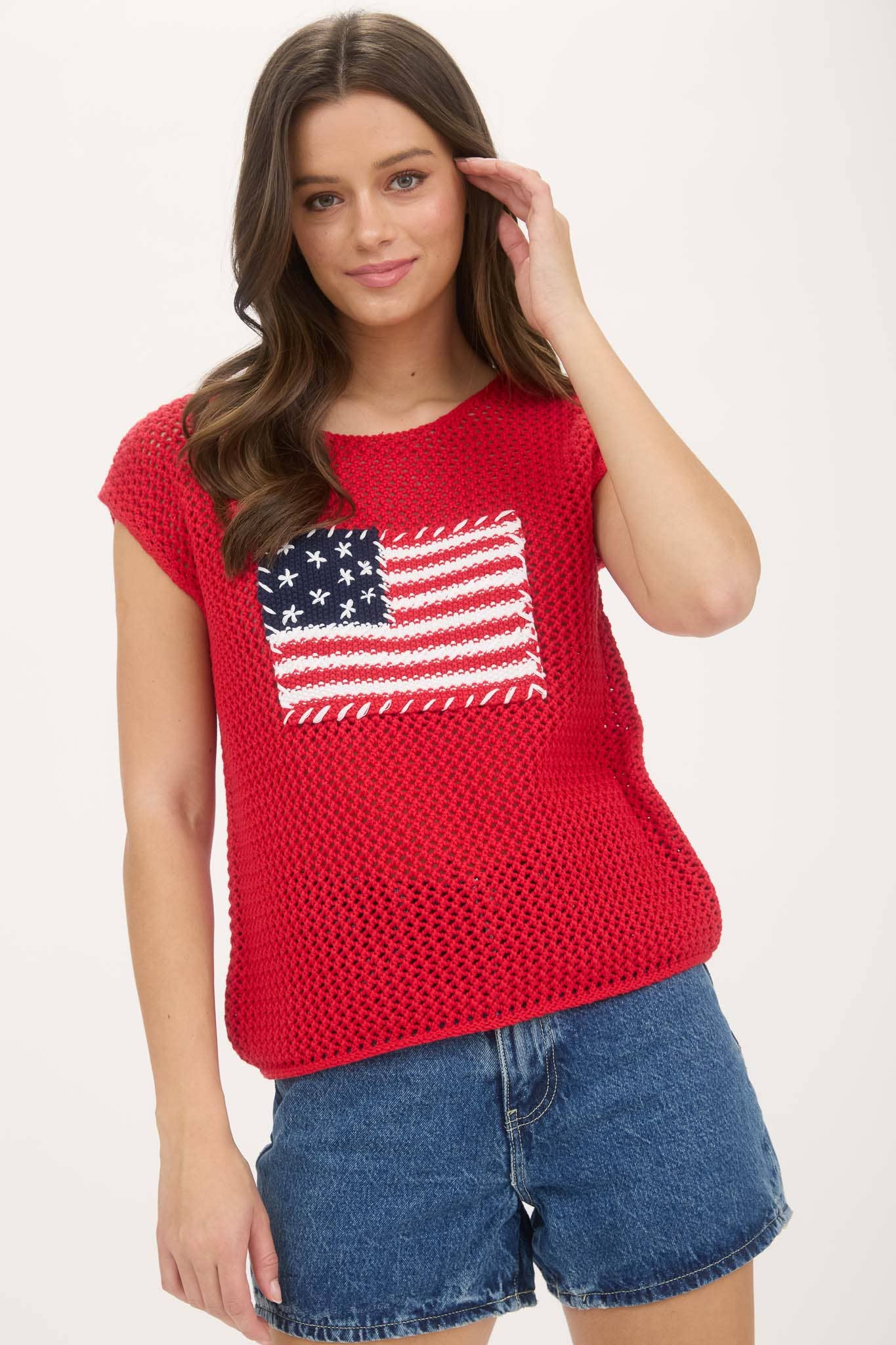 Blu Pepper - Wholesale Knit Sweater - Women's - AMERICAN FLAG CROCHET KNIT SWEATER TOP22