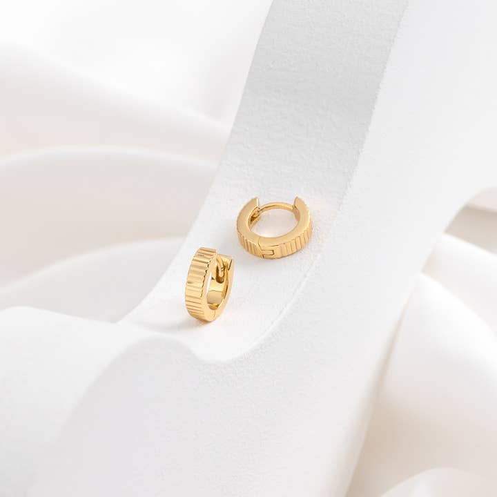 Ribbed Bar Gold 8mm Baby Huggie Earrings for wholesale by Wanderlust + Co