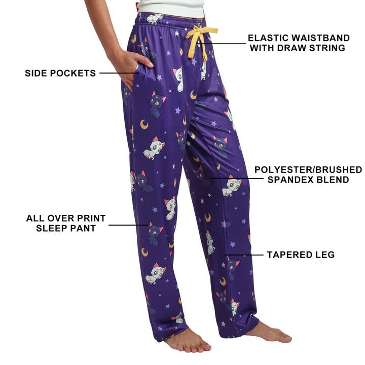Bioworld Merchandising - Wholesale Sleepwear Bottom - Women's - Sailor Moon Artemis & Luna All-Over Print Women's Purple Quick Turn Sleep Pajama Pants2