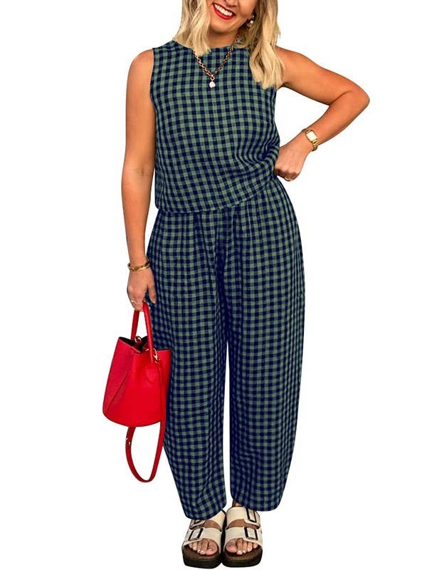 Rosa Clothing - Wholesale Lounge Set - Women's - Gingham Tank Tops Plaid Print Wide Leg Pants Set4
