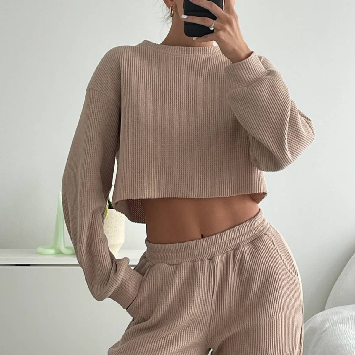 HIDDENBRAND - Wholesale Lounge Set - Women's - Waffle crop long sleeve top wide leg pant two piece set11