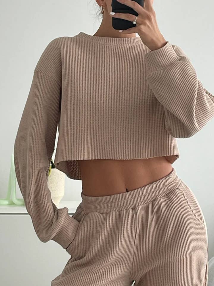 HIDDENBRAND - Wholesale Lounge Set - Women's - Waffle crop long sleeve top wide leg pant two piece set11