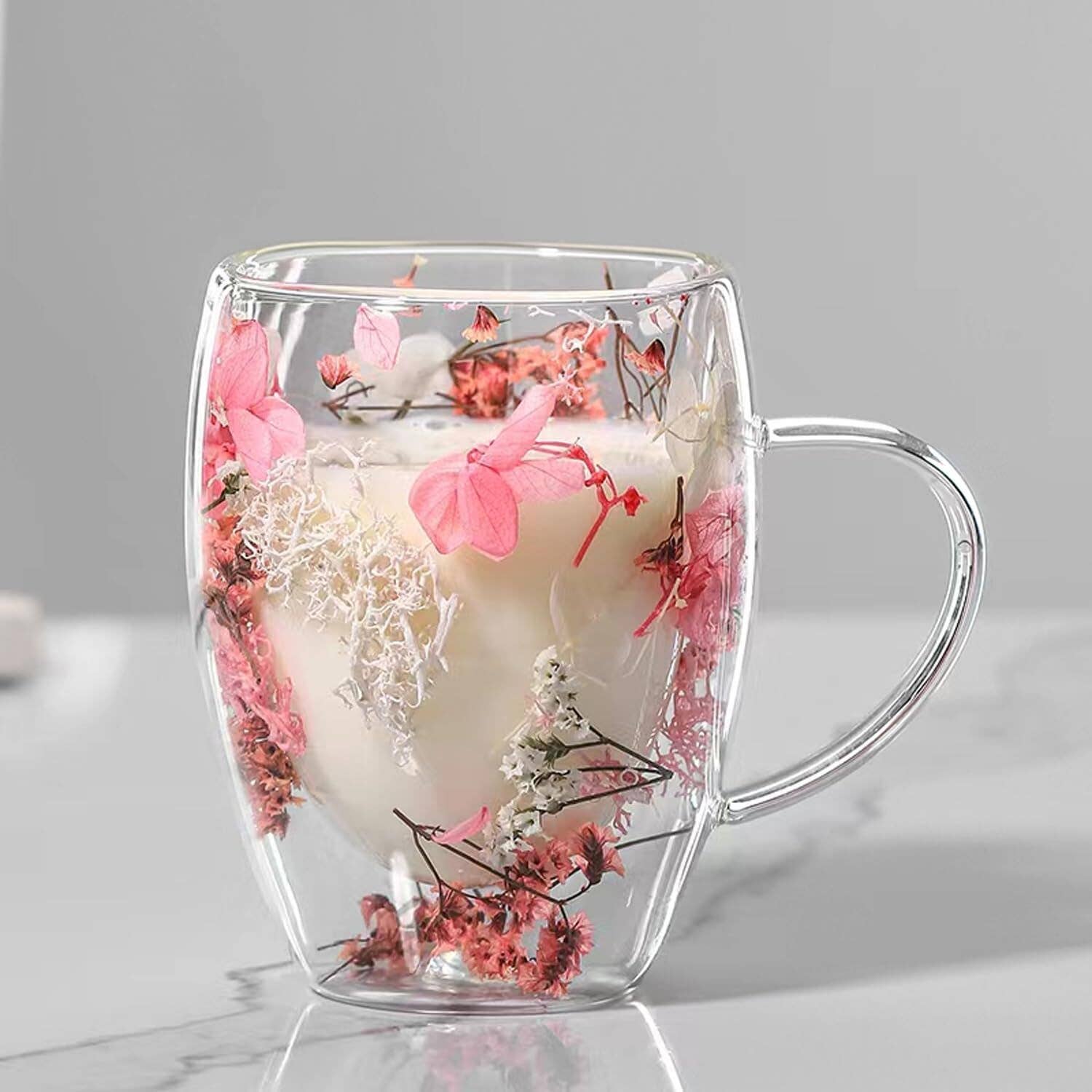 STP - Vente Verre/tasse - Tasse en verre à double paroi avec fleurs roses1