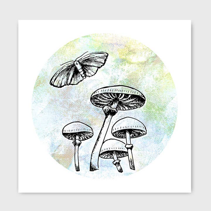 Mushrooms and Moth Art Print 8x8" for wholesale by Jeanelle Demers
