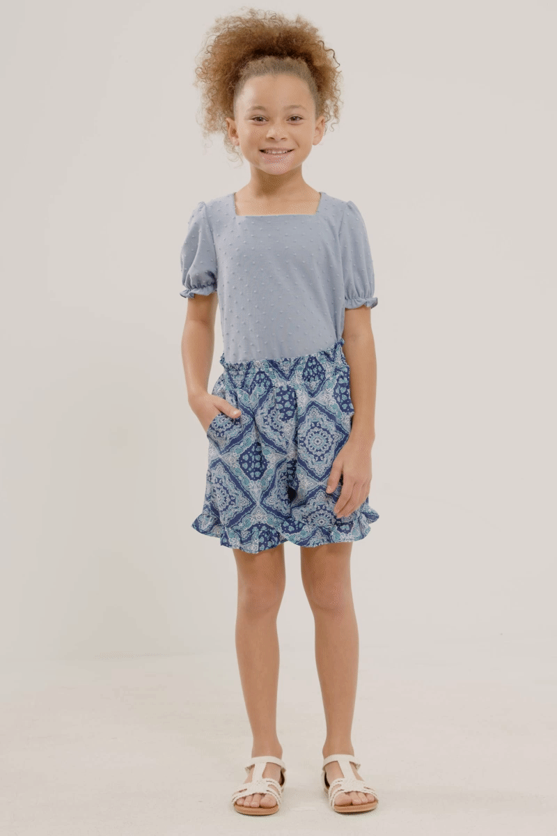 Chambray Girls Square Neck Swiss Dot Knit Top for wholesale on Faire1