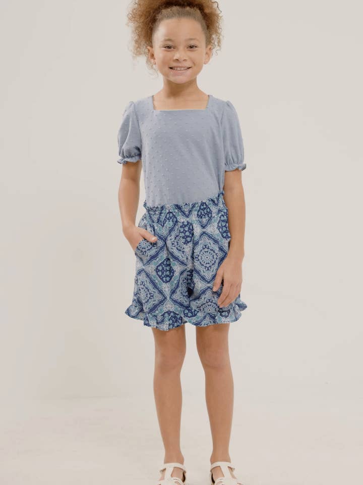 Chambray Girls Square Neck Swiss Dot Knit Top for wholesale on Faire1