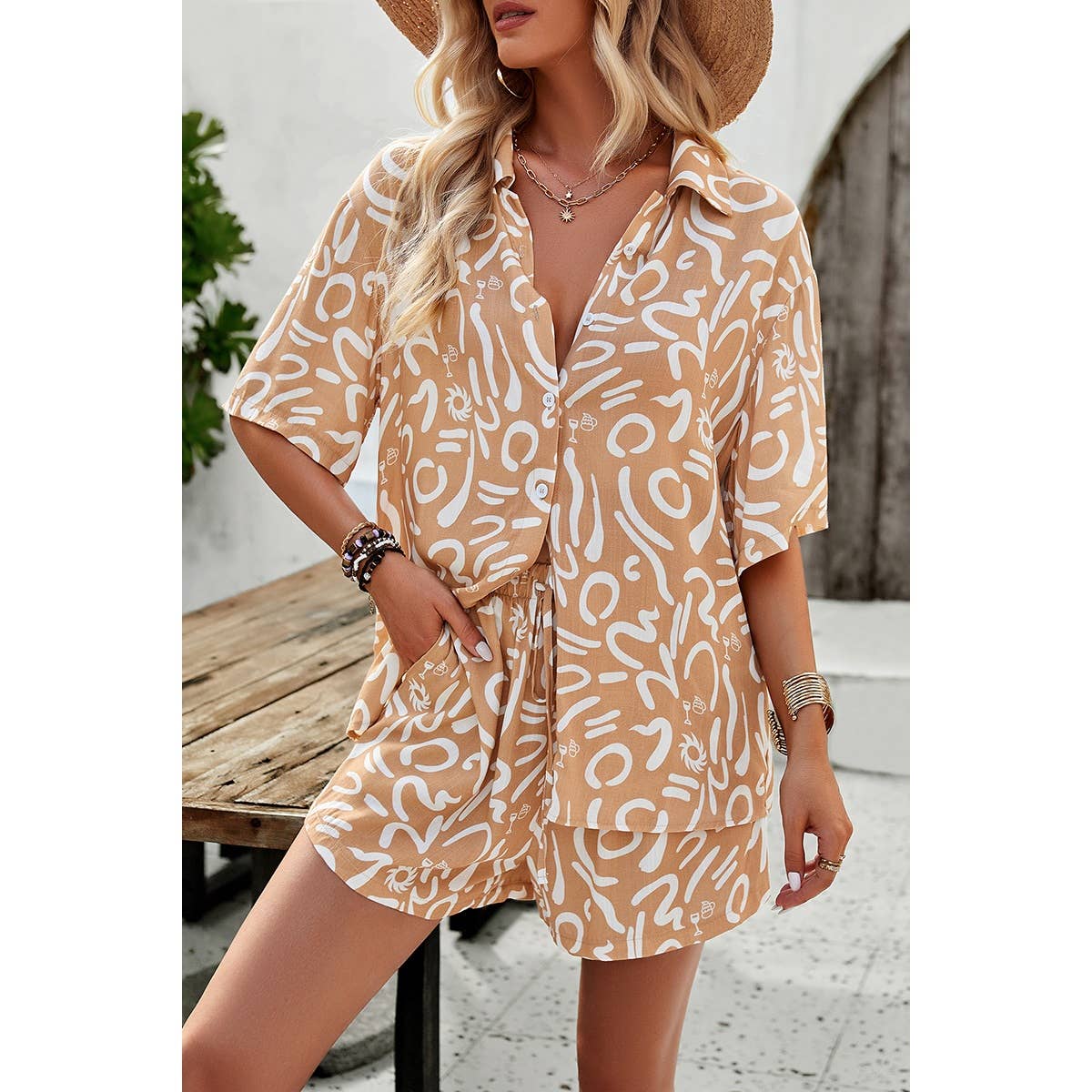 Supreme Fashion – wholesale Lounge set – Women's – Allover Print Elastic Shorts Two Pieces Button Set0