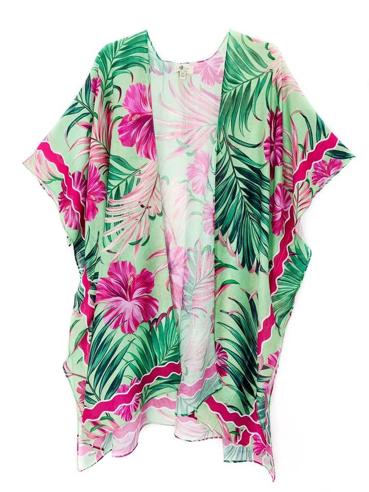JC062675 Groen-Felroze Tropische Bloem & Blad Golf Rand Kimono voor wholesale door JC Sunny Fashion