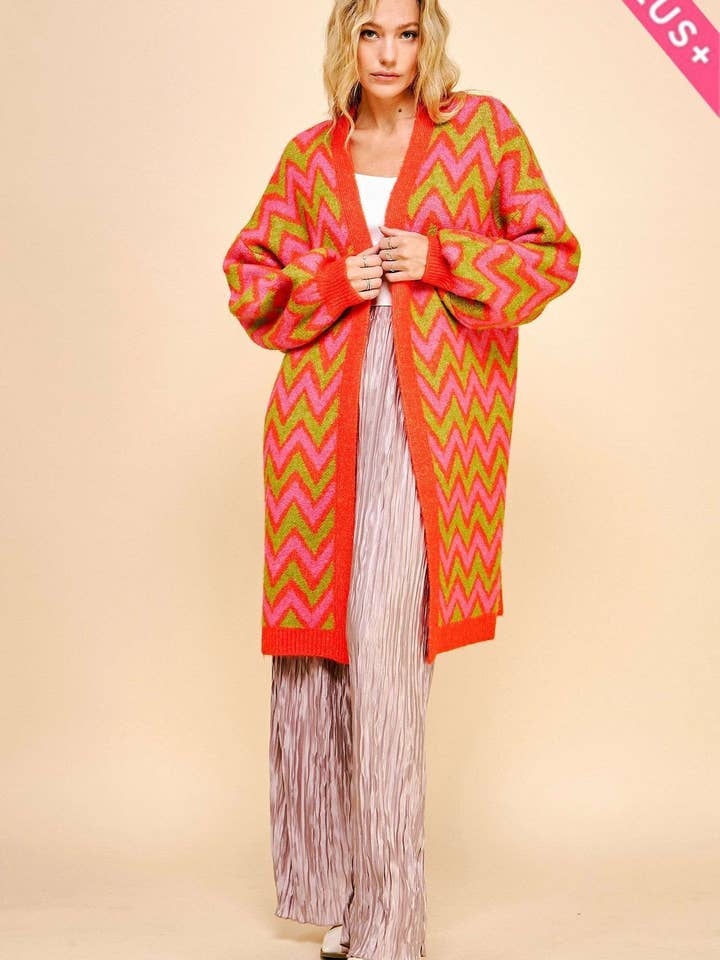 Red PLUS MULTI COLOR CHEVRON ZIGZAG LONGLINE CARDIGAN for wholesale on Faire