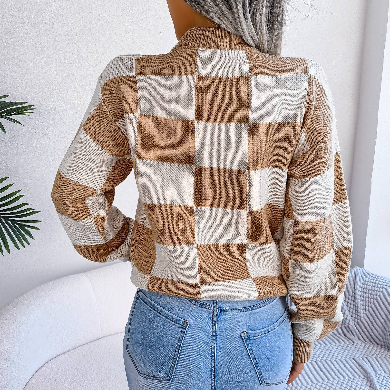 HIDDENBRAND - Wholesale Knit Sweater - Women's - Contrast plaid pullover knit sweater4