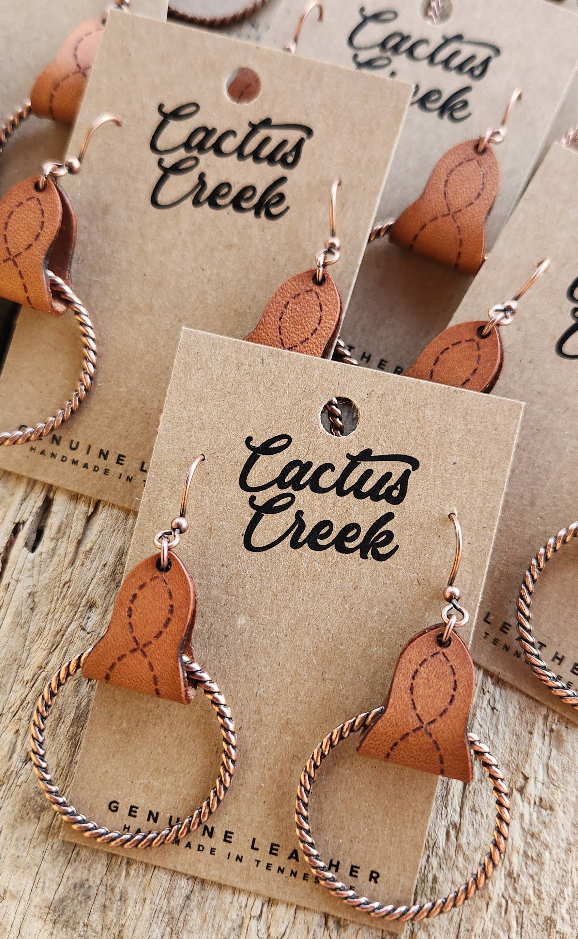 Cocklebur & Co. – wholesale Dangle earrings – "Lari Dee"  Handmade Boot Stitch Leather & Rope Earrings1