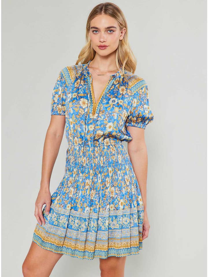 Blue Sand Border Printed Pleats Mini Dress for wholesale on Faire