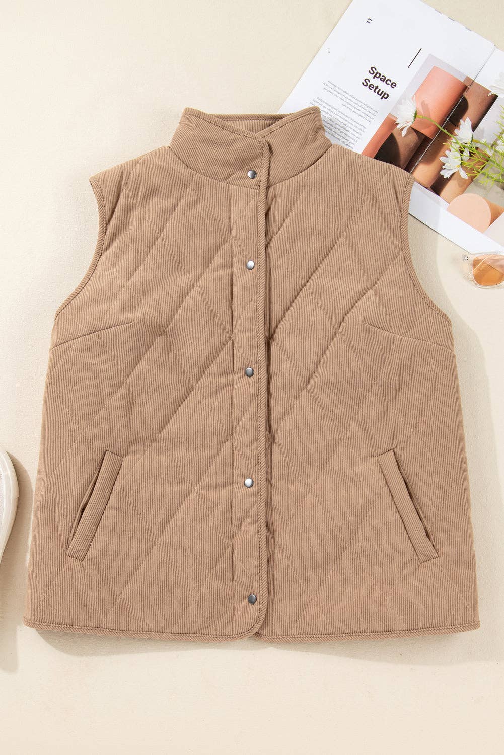 Camel LALALOO Plus Size Quilted Corduroy Snap Button Vest for wholesale on Faire