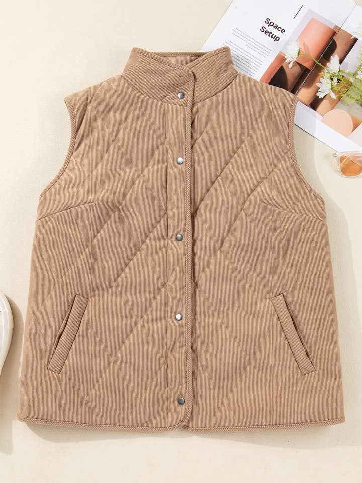Camel LALALOO Plus Size Quilted Corduroy Snap Button Vest for wholesale on Faire0