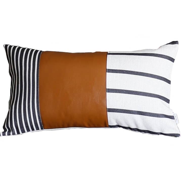 Geometric Brown Faux Leather And Stripes Lumbar Pillow Cover Geometric Brown Faux Leather And Stripes Lumbar Pillow Cover