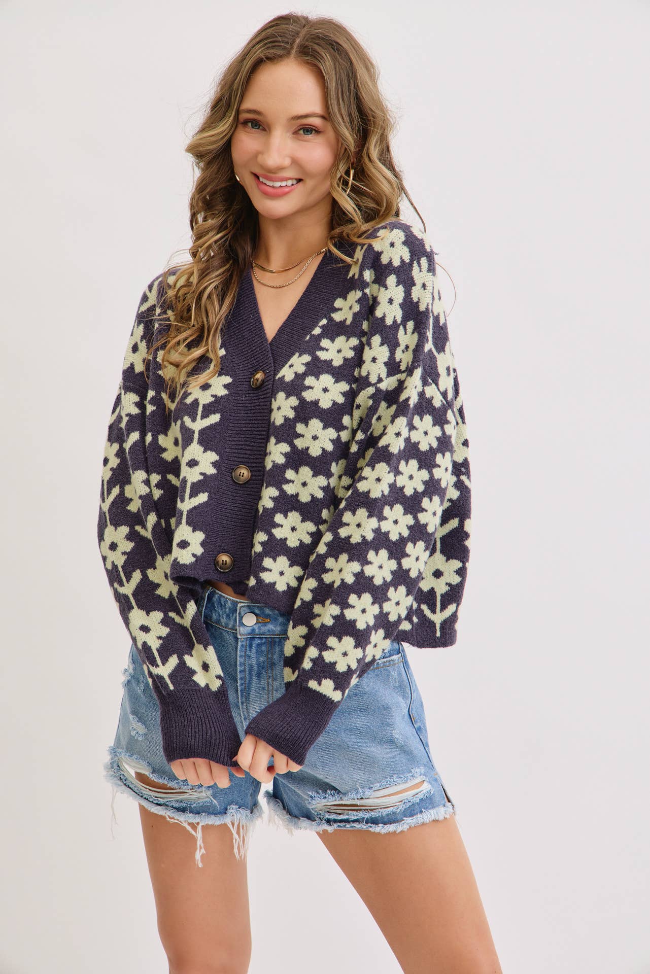 NAVY COZY PLAYFUL CASUAL FLORAL PRINT SWEATER KNIT CARDIGAN for wholesale on Faire3