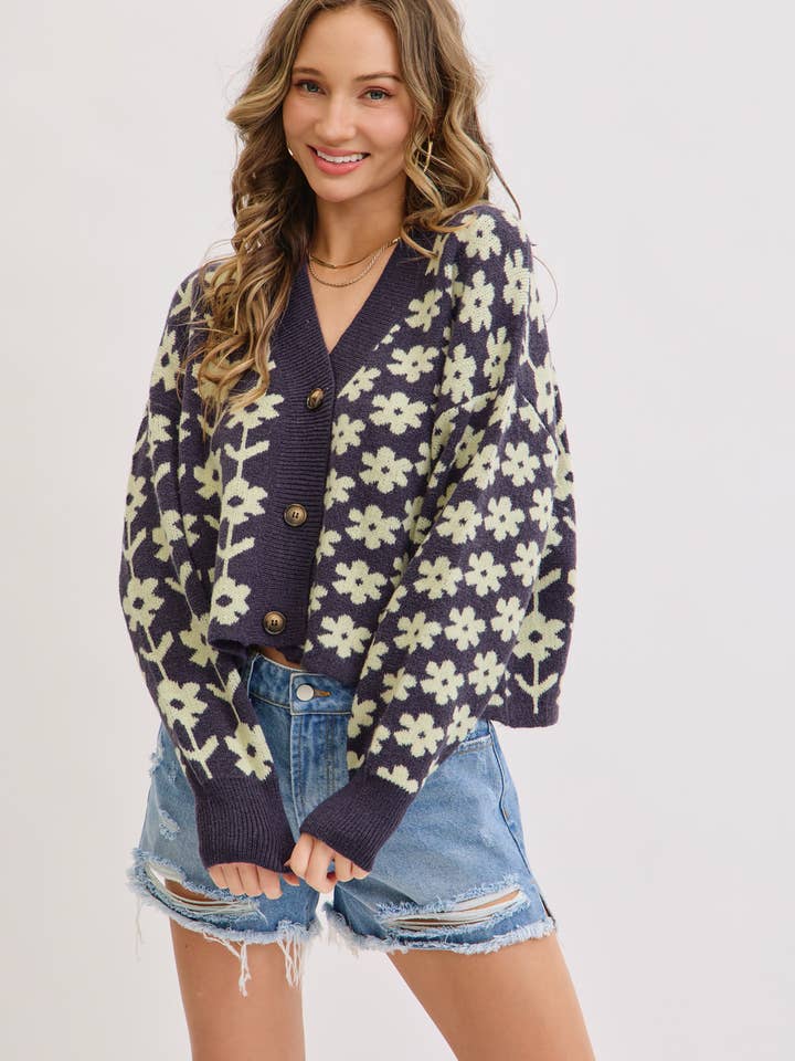 NAVY COZY PLAYFUL CASUAL FLORAL PRINT SWEATER KNIT CARDIGAN for wholesale on Faire3
