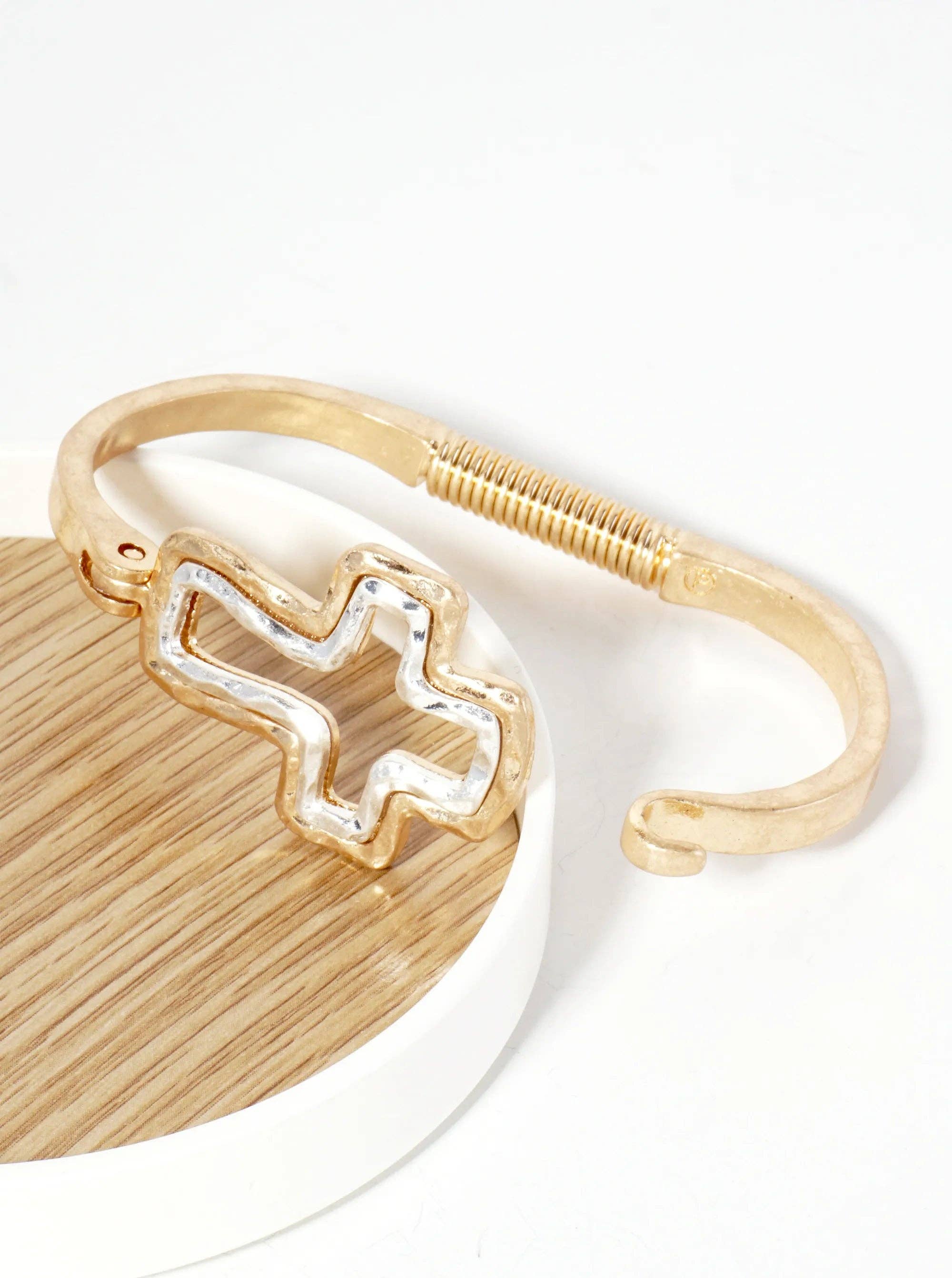 Wild Honey - Wholesale Bangle Bracelet - Hammered-Texture Metal Dual-Tone Cross-Shaped Hook-Clasp Hinged Bracelet2