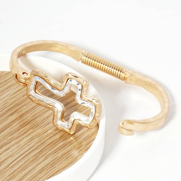 Wild Honey - Wholesale Bangle Bracelet - Hammered-Texture Metal Dual-Tone Cross-Shaped Hook-Clasp Hinged Bracelet2