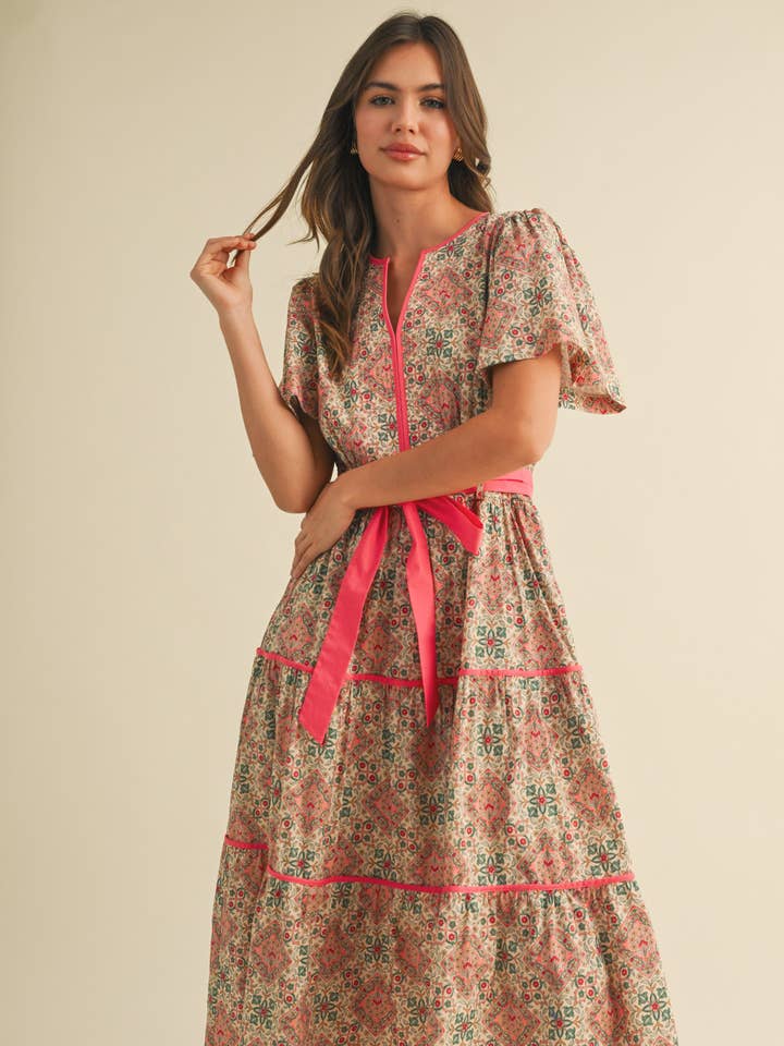&MERCI - Wholesale Dress - Women's - CONTRAST BINDING PRINTED MIDI DRESS MDR3821