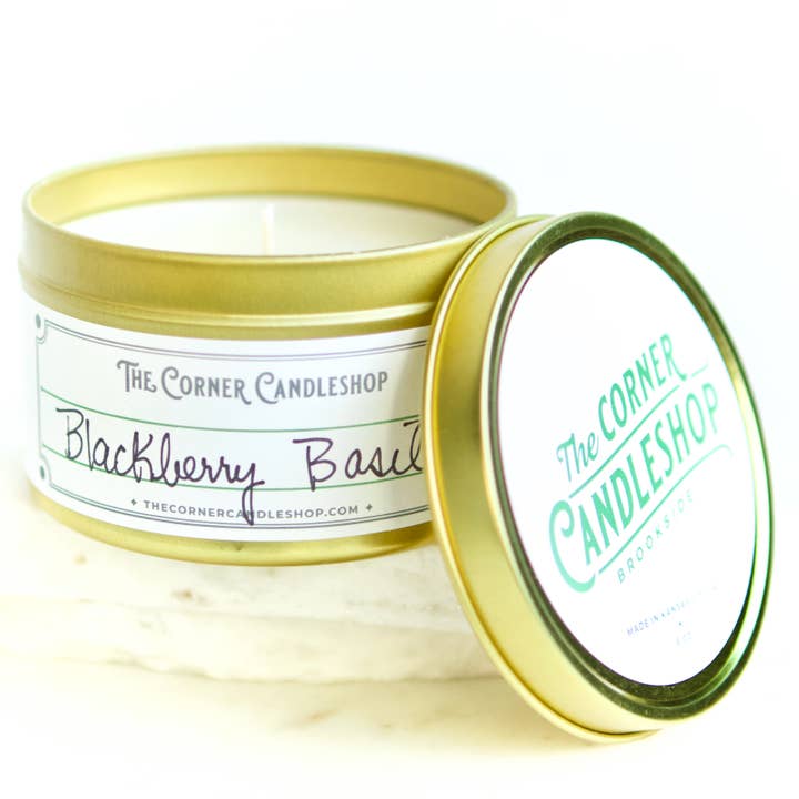 Blackberry Basil 8 oz. Tin Candle for wholesale by The Corner Candleshop