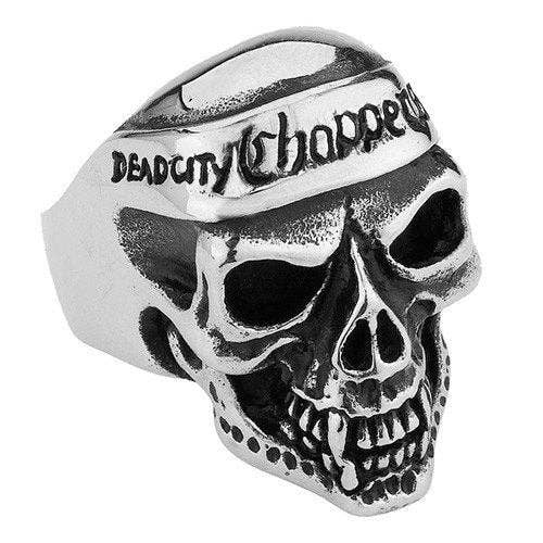 'Dead City Choppers' Skull Ring with Bandana (#127) for wholesale by SkullJewelry.com