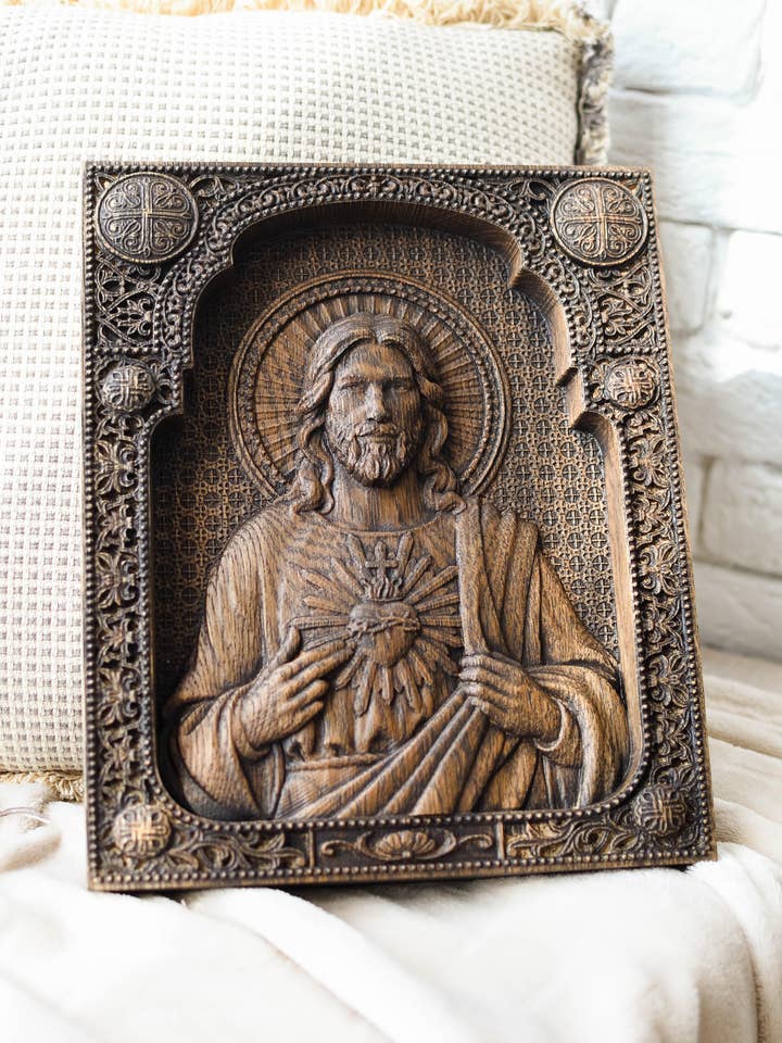 Ícone de madeira do Sagrado Coração de Jesus por atacado de KozakWorkshop