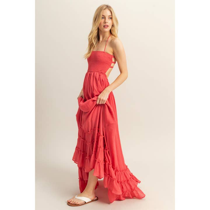 HYFVE - Vendita all'ingrosso Vestito - Donna - Abito lungo con corpetto arricciato a collo all'americana e orlo a balze HF25E055