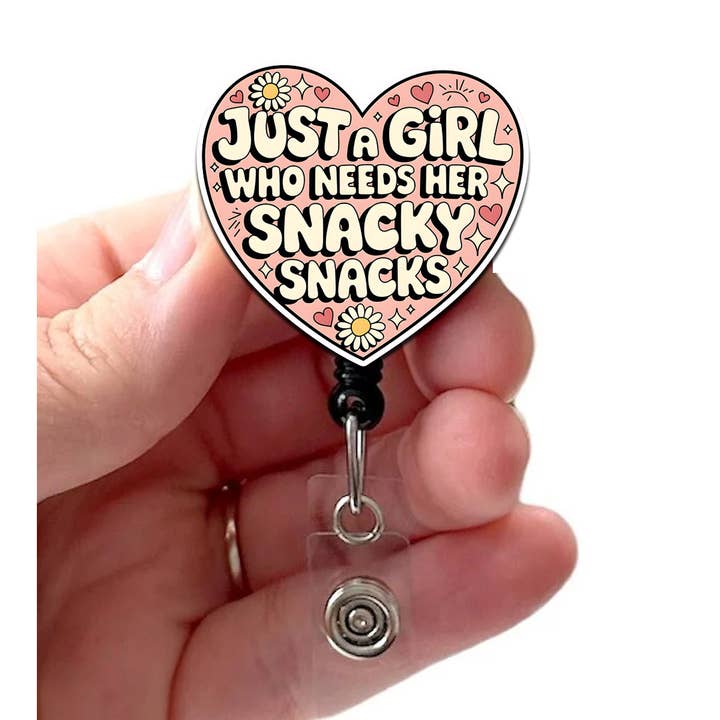 Just A Girl Snacky Snacks Acrylic Retractable Badge Reel for wholesale by Good Girl Gone Badge
