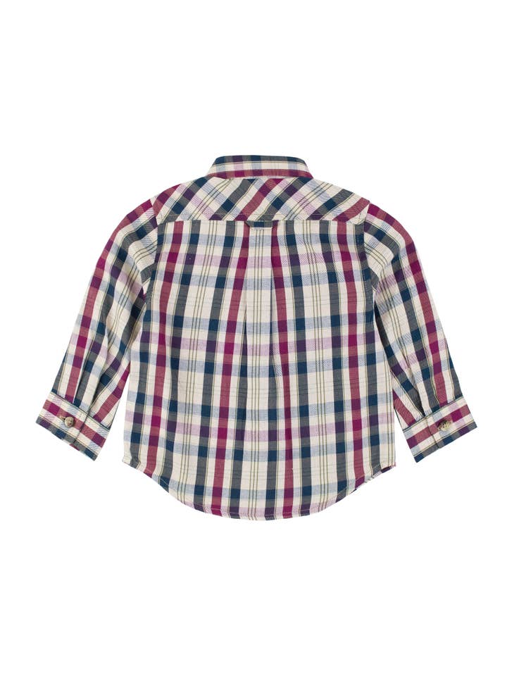 Navy Boys Rowan Plaid Long Sleeve Button Down Shirt for wholesale on Faire