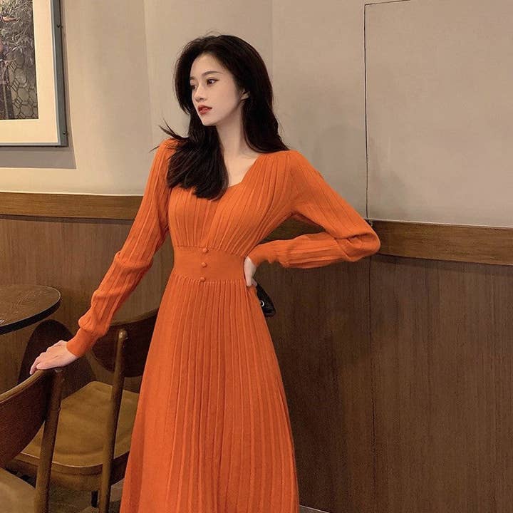 Marayn - Wholesale Dress - Women's - HighWaisted Knit Dress Chic Korean Style for Fall