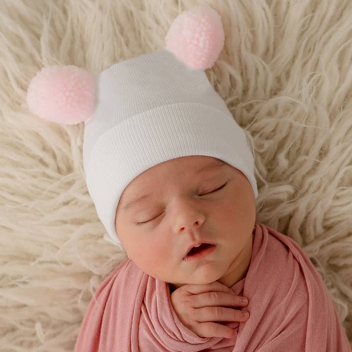 Pom Pom Duplo em Branco com Poms ROSA ou Azul por atacado de www.ilybean.com