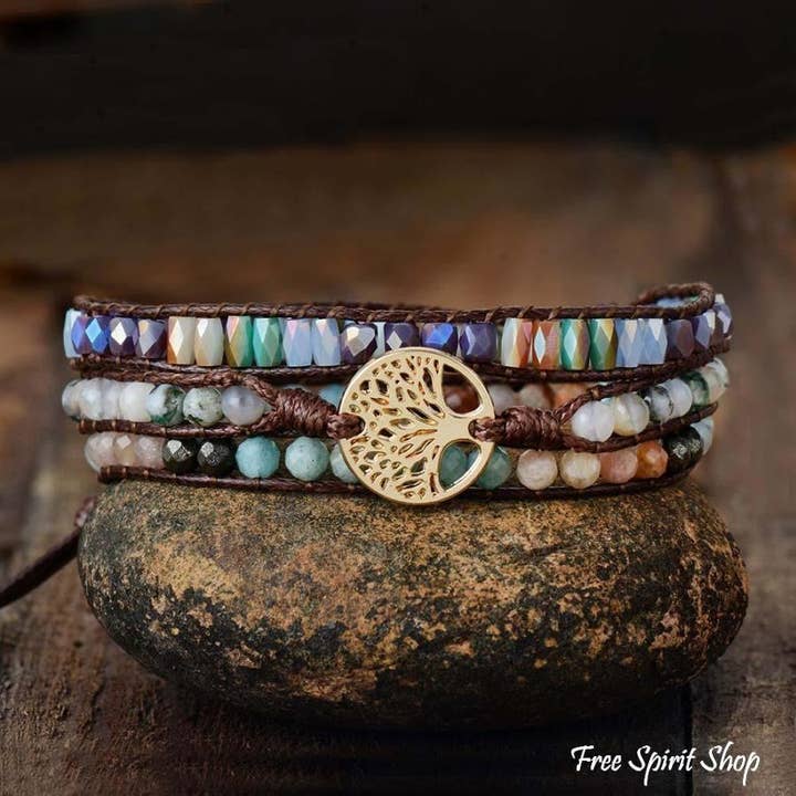 Naturlige blandet ædelstene & Tree of Life Wrap armbånd for engroshandel hos Free Spirit Shop