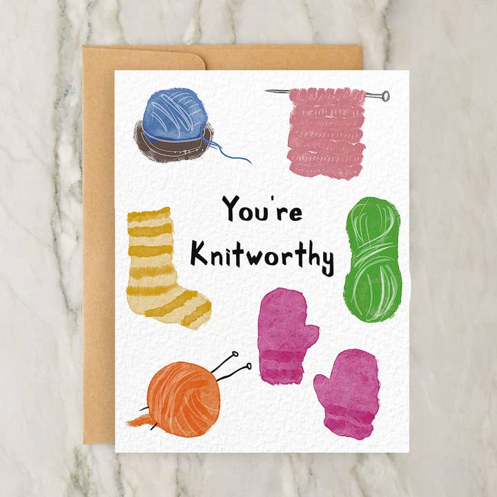 "You're Knitworthy" 4x5" Greeting Card - Knitting Humor Gift for wholesale by Hudson Illustration Co - About Town Co