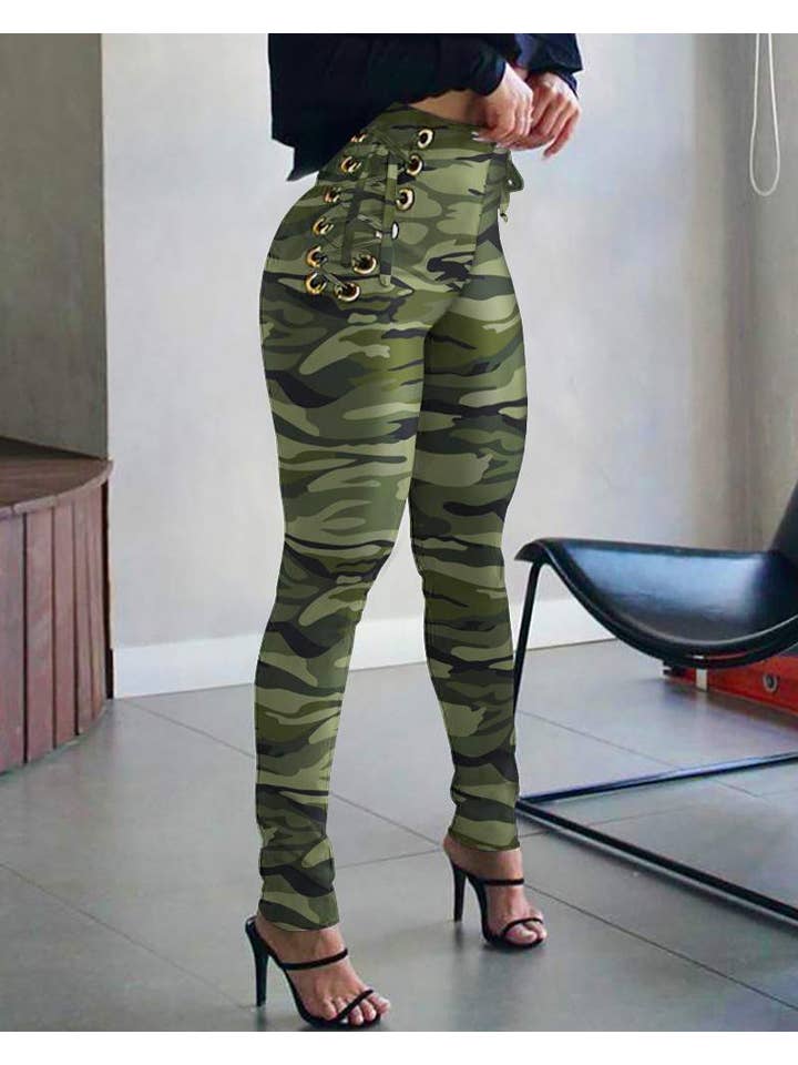 Queen Fashion - Wholesale Pants - Women's - print high waist eyelet laceup skinny pants