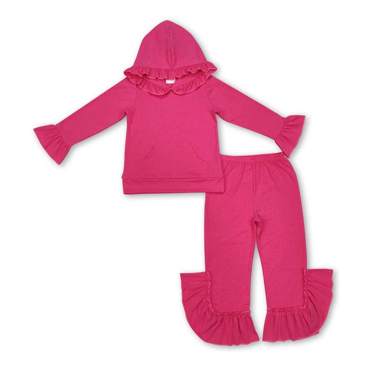 Hot pink color cotton ruffle hoodie pants girls clothing set for wholesale by Yawoo Garments