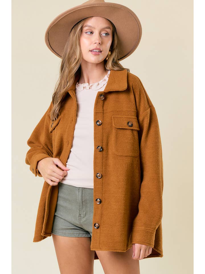 Doe and Rae - Wholesale Shirt Jacket/Shacket - Women's - Fleece Knit Button-Down Shacket W/ Patch Pocket - 10606J5