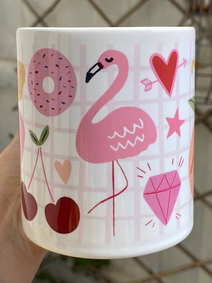 Girly mug, lettering mug, pink mug, stickers mug, Love mug for wholesale by Stella Isaac Illustration
