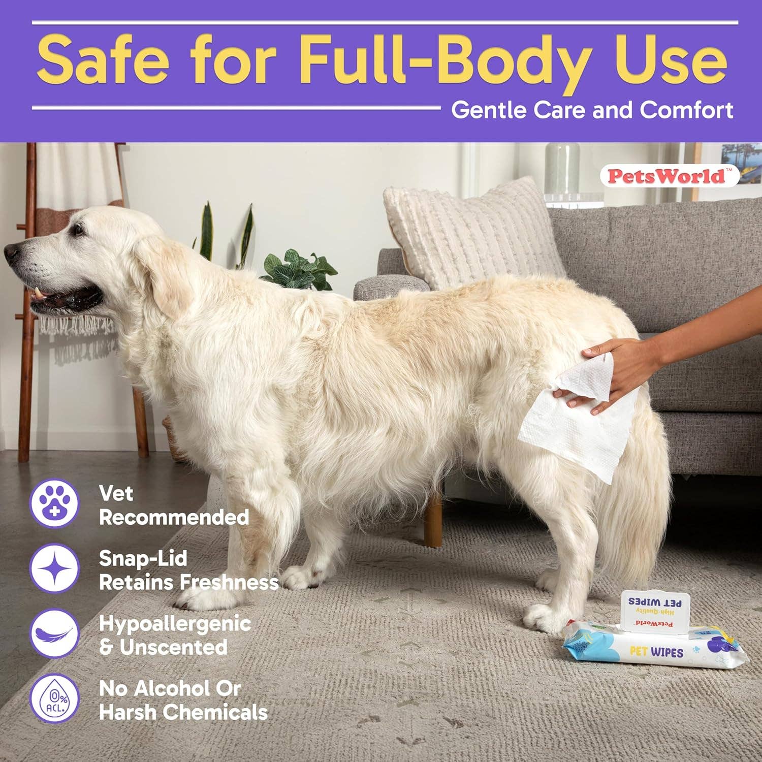 PetsWorld Inc - Wholesale Pet Grooming Aid - Dog - PetsWorld Unscented Pet Wipes – 50 Wipes, 1 Pack5