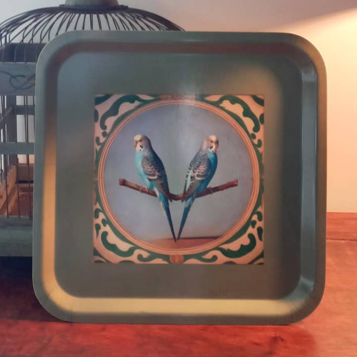 Green square tray the Parakeets for wholesale by Odalisque Paris