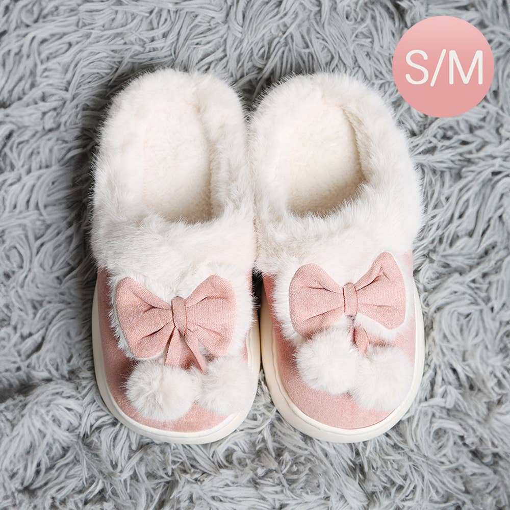 Sensibling Corp. - Wholesale Slippers - Women's - Bow Pom Pom Pointed Faux Suede Indoor Floor Slippers1