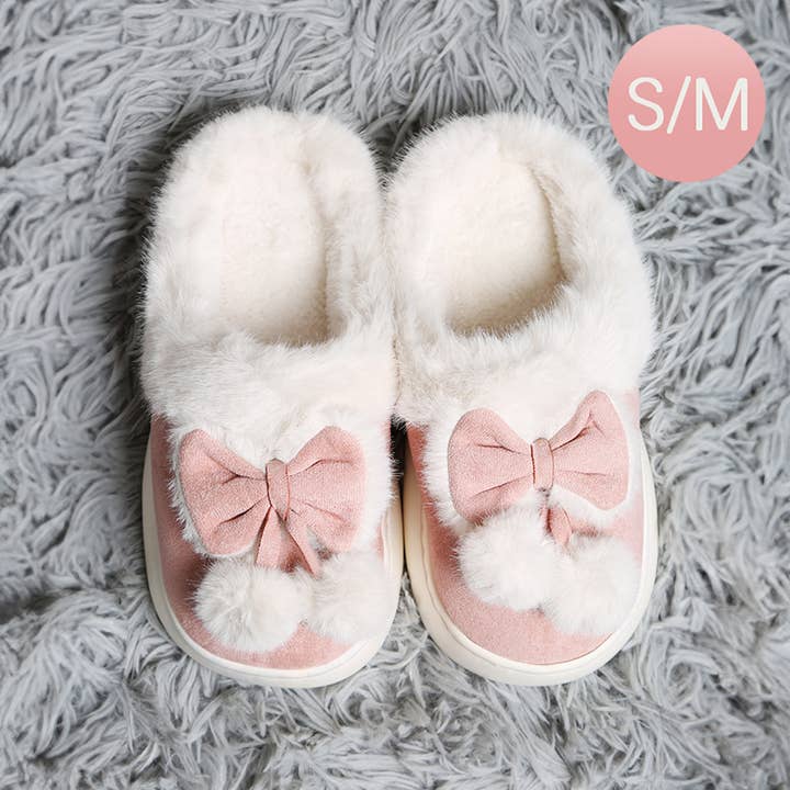 Sensibling Corp. - Wholesale Slippers - Women's - Bow Pom Pom Pointed Faux Suede Indoor Floor Slippers1