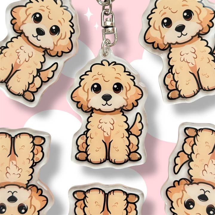 Aprikose Goldendoodle Labradoodle Acryl Hundeschlüsselanhänger mit Epoxidharz | Einfacher Clip, niedlicher Hundecartoon, handgezeichnetes Design, Geschenk für Hundeliebhaber für den Großhandel von Milly Made Designs