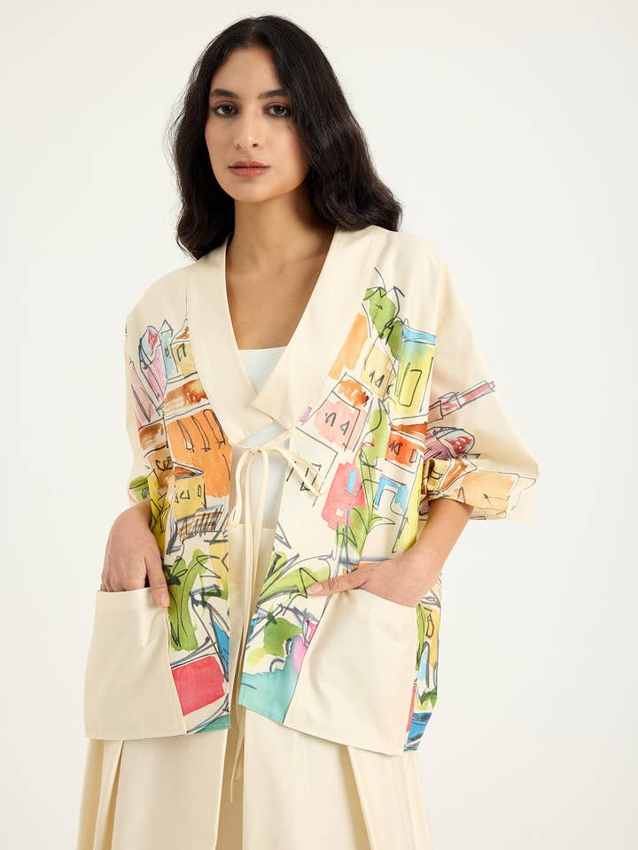 Ensemble veste et jupe en popeline de coton imprimée City pour la vente par Store WF