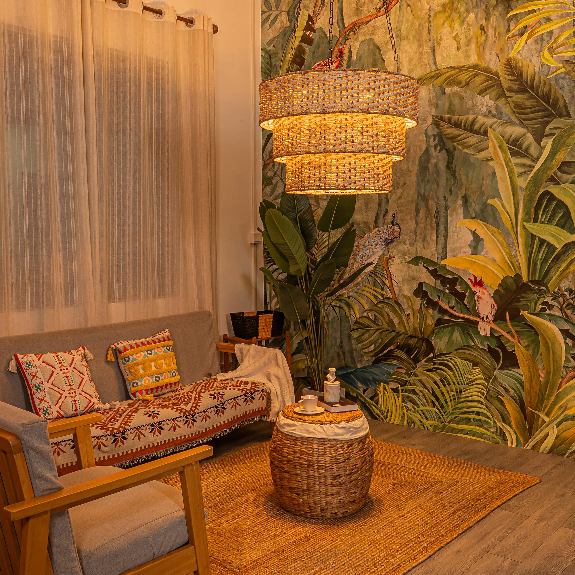 Beige Tierra 5-Light Matte Black 3-Tiered Rattan Chandelier for wholesale on Faire3